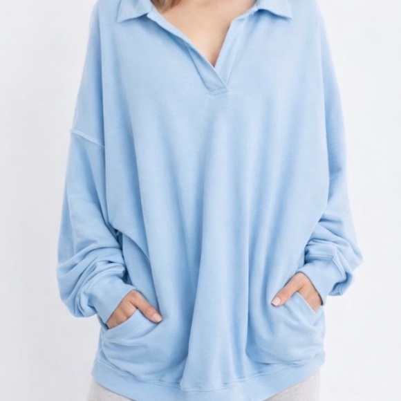 aerie Tops - Aerie Happy Henley Everyday Polo Sweatshirt in Blue Breeze